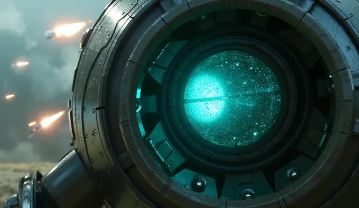 An extreme close-up focuses on the **artillery cannon’s energy core,** a glowing cyan sphere embedded within the weapon’s angular frame. The core pulses rhythmically, emitting faint mechanical whirs as the cannon powers up.  

The camera tilts slightly, re...