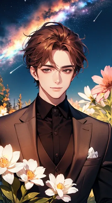    superior quality design  , high_   resolution   , distinct_image,     detailed background ,   Mature man, 32 years old, wearing sophisticated suit   ,    with a seductive and passionate smile, flower, garden,    starry sky   ,  Dark brown hair.