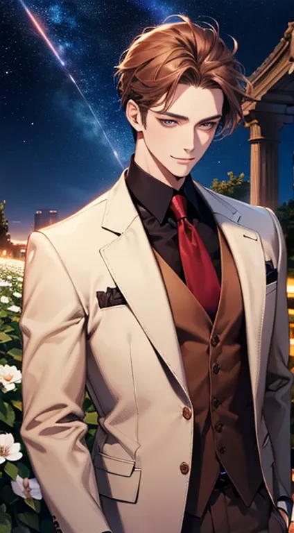    superior quality design  , high_   resolution   , distinct_image,     detailed background ,   Mature man, 32 years old, wearing sophisticated suit   ,    with a seductive and passionate smile, flower, garden,    starry sky   ,  Dark brown hair.