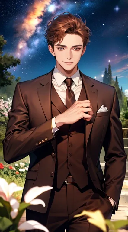    superior quality design  , high_   resolution   , distinct_image,     detailed background ,   Mature man, 32 years old, wearing sophisticated suit   ,    with a seductive and passionate smile, flower, garden,    starry sky   ,  Dark brown hair.