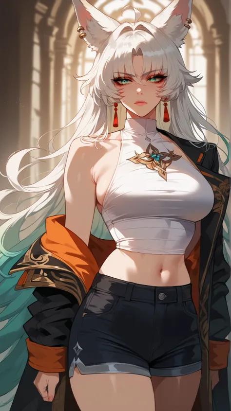 Feixiao style,  perfect eyes,  perfectly sexy face, ultra detailed,  ultra perfect eyes,  big beautiful woman , Body, standing,  animal ears,  long hair, rabo de cavalo,  multicolored hair ,  white hair, mark on the head,  ear piercing, black shorts,  look...
