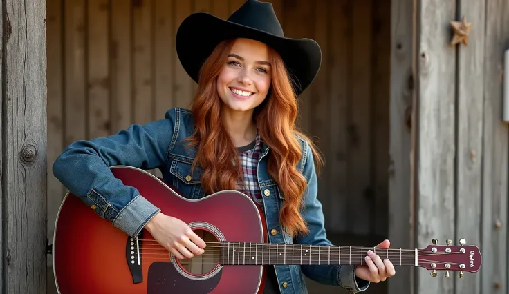 (photorealism:1.2), "A beautiful young woman with long, wavy auburn hair, wearing a black cowboy hat and a jacket western-style outfit, sitting against a rustic wooden barn. She holds a deep red acoustic guitar with silver tuning pegs, her arm casually dra...