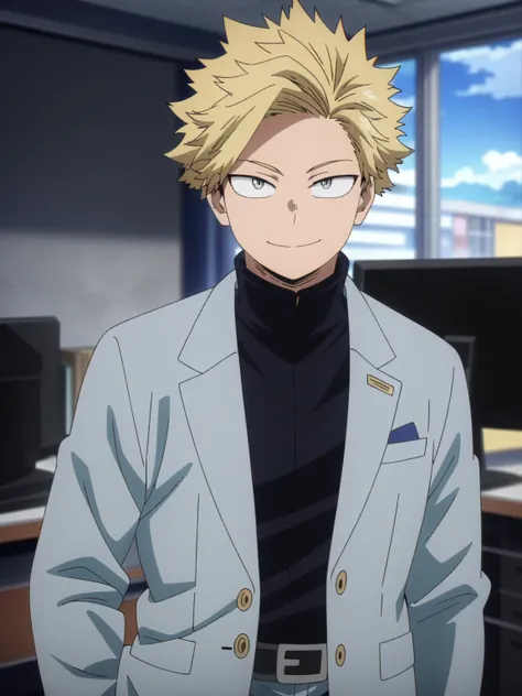 (masterpiece, best quality, anime, anime coloring:1.3, superhigh res). 45yo, 1man, male. ((Blonde hair, grey eyes, short hair. Wearing blue business suit. Happy smile)) CEO office background, daylight.

My Hero Academia character, MHA style, anime style, m...