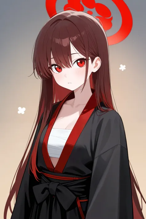 1 girl, Hair length reaches the back, Brown hair and red hair on the edges of the hair, red eyes, but not bright, wear a samurai outfit, หน้าอกไซส์ปานกลาง, have a red halo