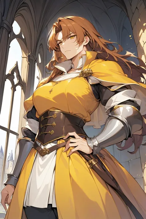 1 man, AS-Adult, Messy honey brown hair and bangs, Principle, Black and yellow clothes, beautiful, dispassionate, The beautiful, Condescending, weight loss, in a castle,  MEDIEVAL FANTASY , 