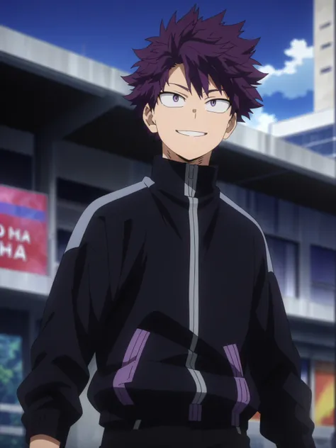 (masterpiece, best quality, anime, anime coloring:1.3, superhigh res). 17yo, young, 1man, male. ((Purple hair, purple eyes, short hair. Wearing a dark blue jacket and black jeans. Happy smile)) City avenue background, daylight.

My Hero Academia character,...