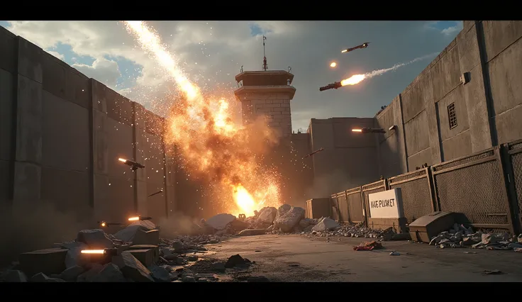 A wide shot captures the moment multiple **rebel missiles** slam into the **H.A.P.S. prison walls.** The first missile detonates on impact, sending **concrete and steel fragments** flying outward in fiery arcs. Sparks erupt from the shattered **cyan condui...