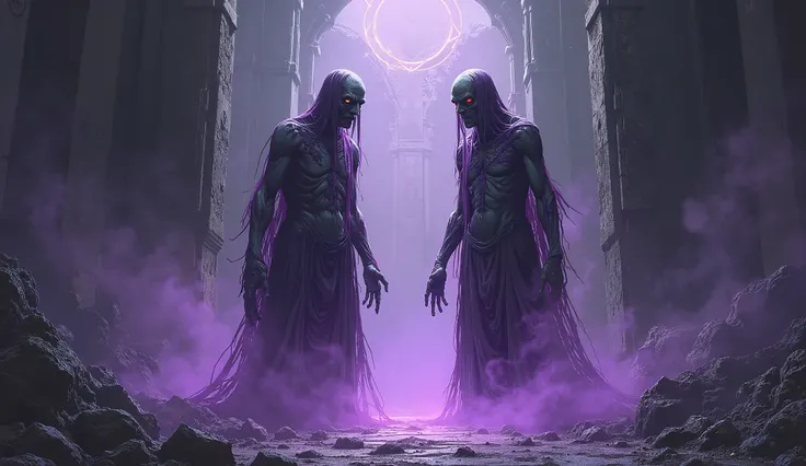 a mystical illustration of 2 zombies protecting the entrance to the Temple of the Dead. The image is symmetrical of two zombies exhaling purple vapors all over their bodies