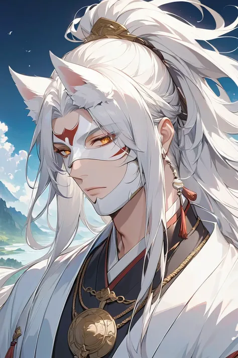  masterpiece,  Close-up of a man with white hair and white mask, beautiful figure painting, Guviz, Guwiz style art, white-haired god, The J., epic exquisite character art , Amazing character art, , Wu Zhun Shifan, Gu Vitz at pixiv art station , antique, mo...