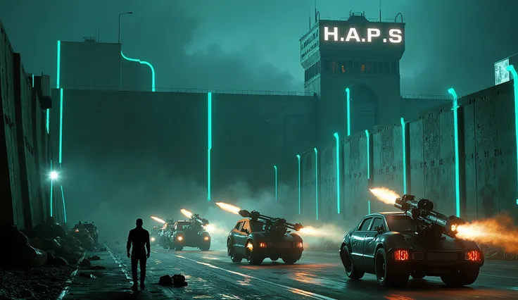 A wide shot captures the towering **H.A.P.S. prison walls**, reinforced with brutalist **concrete and steel**, lined with glowing **cyan conduits** running vertically along their edges. Atop the walls, **Robo-Cop guards** operate an array of **M270 MLRS sy...