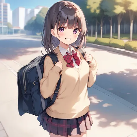 1girl, long_hair, blush, looking_at_viewer, smile, bangs, skirt, brown_hair, black_hair, eyebrows_visible_through_hair, shirt, ribbon, long_sleeves, original, school_uniform, purple_eyes, standing, hair_ribbon, white_shirt, pleated_skirt, outdoors, day, so...