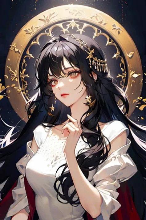 ( masterpiece:1.2),[1mulher, long black hair , brown eyes,(beautiful:1.4), white dress ,Fantasy,elegant,royal, dreamy lighting , extremely detailed face,strong woman,Suit