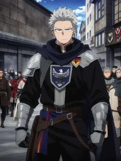 (masterpiece, best quality, anime, anime coloring:1.3, superhigh res). 25yo, handsome, sexy, young, 1man, male. ((A towering man (6’6”/198-cm) with a muscular build, short silver hair, and piercing blue eyes. His hero costume resembles a medieval knight mi...