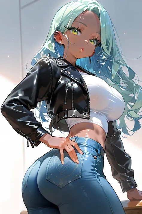 A young girl, long wavy navy blue hair, light green eyes, long eyelashes, brown skin, full lips, athletic body, big breasts, soft skin, small waist, perky butt, ear piercing, tight white t-shirt with leather jacket and jeans.