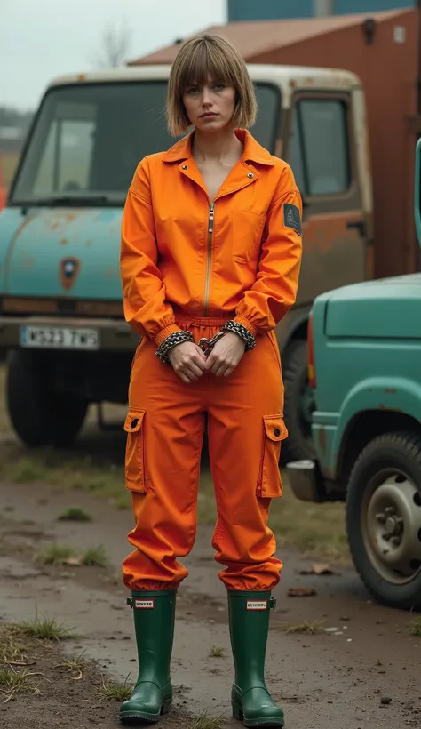 A french girl with short hair and fringe haircut, with her hands firmly handcuffed in chains, arrested in a junk yard. She's wearing a zipped orange prison jumpsuit and green Hunter rubber boots. Fullbody veiw