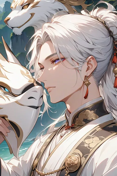  masterpiece,  Close-up of a man with white hair and white mask, beautiful figure painting, Guviz, Guwiz style art, Light brown-haired god, The J., epic exquisite character art , Amazing character art, , Wu Zhun Shifan, Gu Vitz at pixiv art station , antiq...