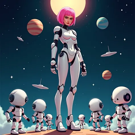  Skinny young white woman  ,   short pink hair ,blue eyes ,  with a robotic arm, Robotic body , Robotic boot ,   several other robots similar to her,  with the starry background ,With ships and planets and the Sun 