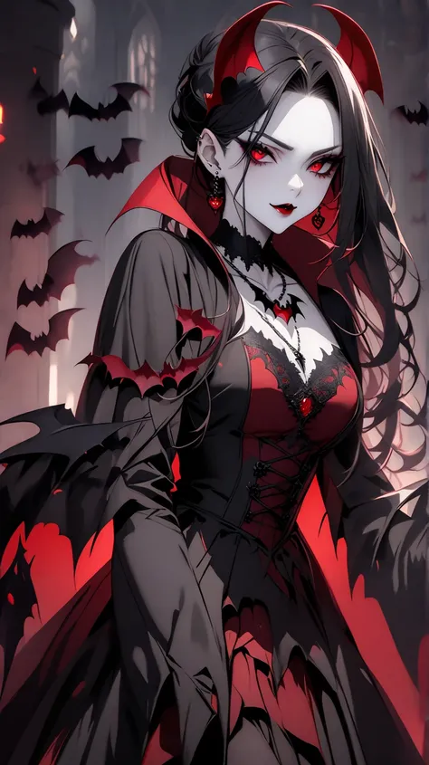 Beautiful vampire woman ,  long black hair,  red eyes,  pale skin,  elegant black clothing with bat designs. Bat-shaped necklace and earrings