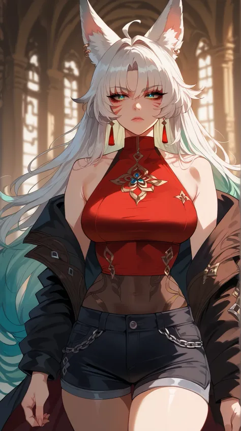 Feixiao style,  perfect eyes,  perfectly sexy face, ultra detailed,  ultra perfect eyes,  big beautiful woman , Body, standing,  animal ears,  long hair, rabo de cavalo,  multicolored hair ,  white hair, mark on the head,  ear piercing, black shorts,  look...