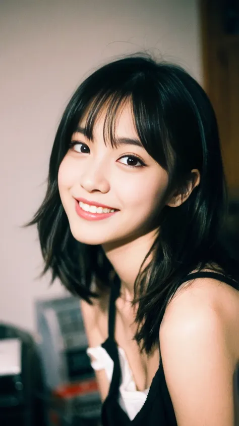 ultrahigh-res,best quality and best aesthetic,(film photography:1.2),film grain,film particles,grainy,cowboyshot,flash photography, a photo of a 20-year-old Japanese idol, solo focus, black hair, looking at viewer, smile,mascara,black eyes,shorthair, eye s...