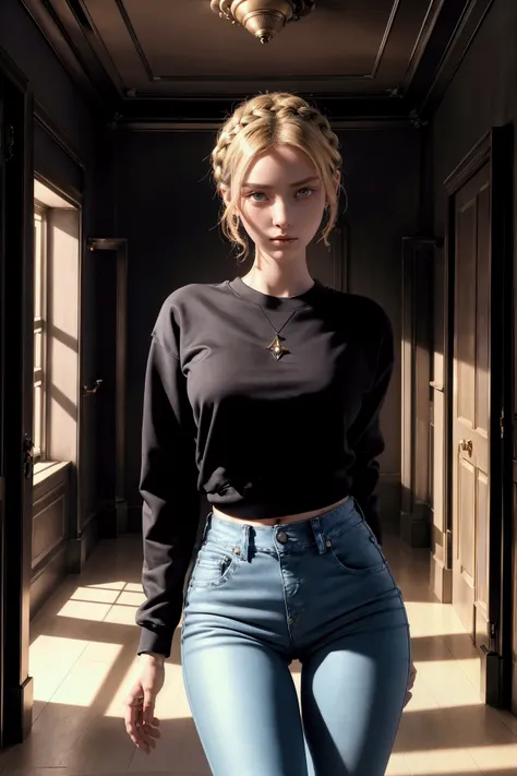 masterpiece, best quality, (extremely detailed CG unity 8k wallpaper), (best quality), (best illustration), (best shadow), absurdres, realistic lighting, (Abyss), beautiful detailed glow, a beautiful european woman in a hallway, no makeup, wearing sweatshi...