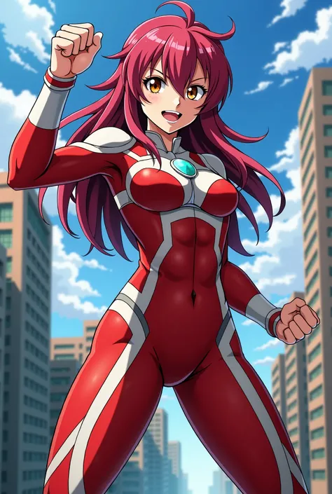 My Hero Academia Style , Anime girl, female, young female ,Full Body Shot,(fighting Pose:1.3),Long hair, Red Hair,  Brown Eyes,Hero Suit, Full Body Suit, red suit with white details,small round blue jewel in the center of the chest, perfect anatomy,  Tough...