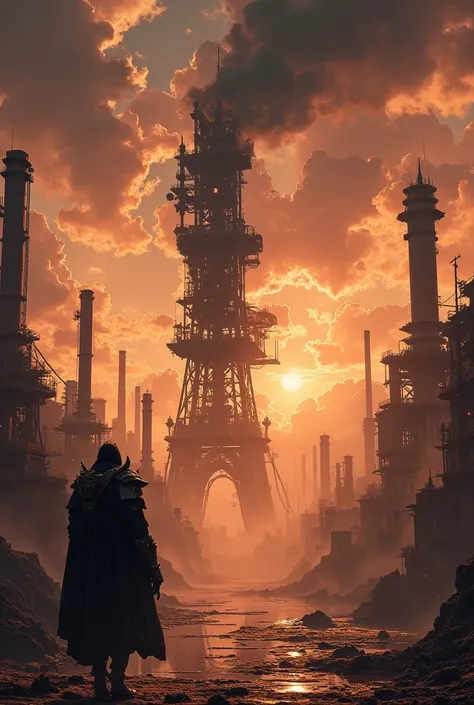 ( fantasy steampunk flashy, cool, gorgeous, magical steam engine scene of a knight wearing a hood walking in an industrial area of a city)(Reinforcement 、Steel tower、multilegged、Concatenation、brass、gear、)(Distant landscape photo   )(Sunset)