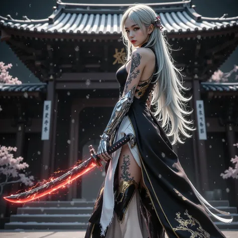 (A scene from the battle movie that won the grand prize)、(masterpiece)、 moonlight 、 excitement 、((Full body figure 1.5))、((The figure of drawing a sword))、 Wide Full Shot、 photorealistic, High-definition CG, best image quality, 8k, HQ, Ultra-fine, (I have...