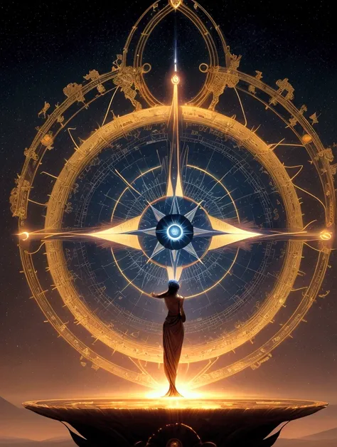 A symbolic depiction of transformative energy and ambition. A confident figure stands on a high, luminous platform, holding a glowing sphere that symbolizes clear, well-defined goals. Behind them, a vast, expansive landscape opens up, with cascading mounta...