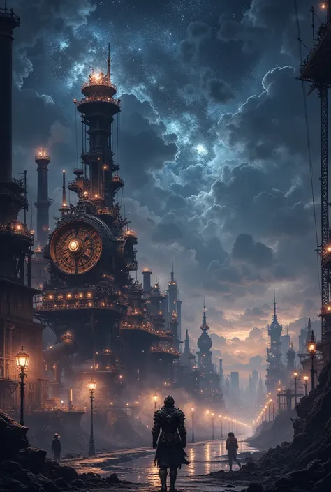 ( fantasy steampunk flashy, cool, gorgeous, magical steam engine scene of a knight wearing a hood walking in an industrial area of a city)(Reinforcement 、crane、Concatenation、brass、gear、)( distant landscape photo  )( starry blue night sky)