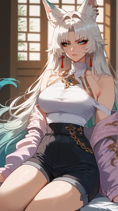 Feixiao style,  perfect eyes,  perfectly sexy face, ultra detailed,  ultra perfect eyes,  big beautiful woman , Body, sitting,  animal ears,  long hair, rabo de cavalo,  multicolored hair ,  white hair, mark on the head,  ear piercing, black shorts,  looki...