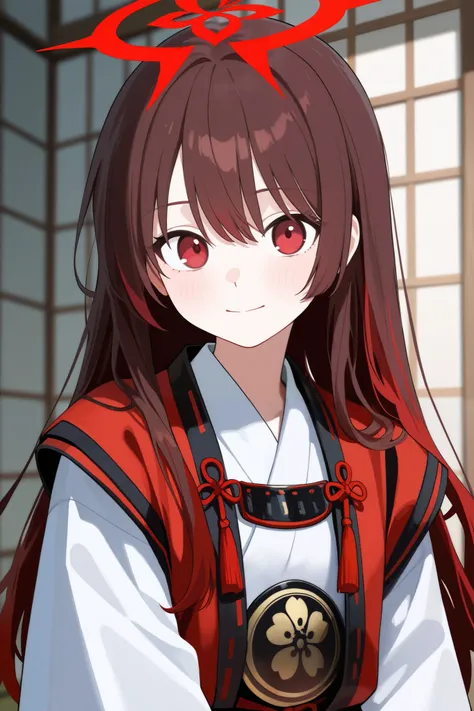 1 girl, Hair length reaches the back, Brown hair and red hair on the edges of the hair, red eyes, but not bright, wear a samurai outfit, หน้าอกไซส์ปานกลาง, have a red halo