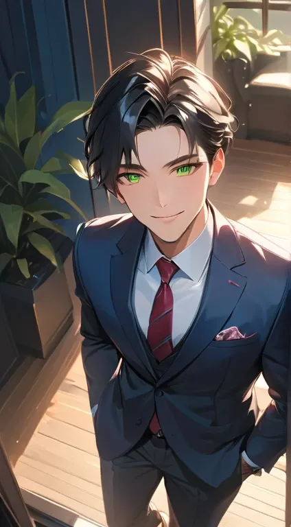 a mature man with short black hair,   green eyes, 31 years old, and a perfect face, smiling in love, CEO,   Cinematic Lighting , 1:4 HDR image  ,   seen from above  ,   extremely detailed ,   best quality,   masterpiece , 8k,  photorealistic , Beautiful im...