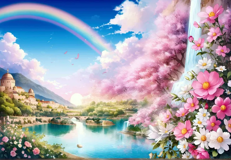 Fantastic - Painting Style Waterfall Soft painting style Brightly colored Bright light a wonderful heavenly garden, rainbow reflected on a splendid river valley of eden sea a wonderful valley,Morning sun, river, rose, pastel pink path, beautiful atmosphere...