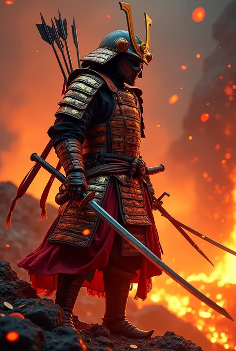 Samurai Ronin, with ancient armor that has 3 arrows stuck in his back and its color is red and a shiny gold, Japanese samurai war mask, futuristic katana with a strong shine, prepared for a fight in a battle position, He is on the edge from a volcano that ...