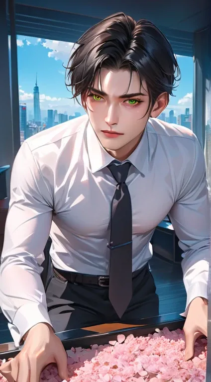 (1 mature man, business person  , CEO,    office background, beautiful skin,  very beautiful clothes ,   inexpressive , short black hair with gray strands,    Green-eyed pants ,    sharp eyes   , Perfect face,    Cinema lighting   , HDR, gravata, sakura pe...