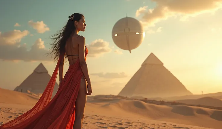  CREATE A REAL IMAGE ( photorealism ) From Egypt along with the sphinx in the background and a spaceship in the sky passing by a round circular spaceship and a beautiful one with a big ass and big breasts