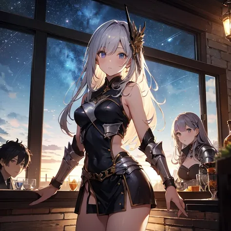 A group of young female knight, (in tavern), various hair styles, harem, wearing armored clothes, metal armor, night, details face, , short skirt, seducing, sword, sleeveless , night, starry night 