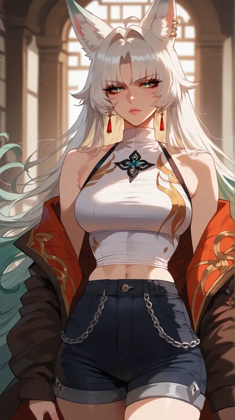 Feixiao style,  perfect eyes,  perfectly sexy face, ultra detailed,  ultra perfect eyes,  big beautiful woman , Body, standing,  animal ears,  long hair, rabo de cavalo,  multicolored hair ,  white hair, mark on the head,  ear piercing, black shorts,  look...