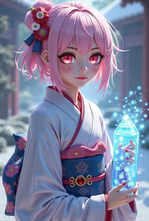 A girl of short stature , wearing kimono,  has light pink hair. ,  red eyes. Although she seems harmless, she is a skilled warrior who manipulates ice and has a malicious expression.