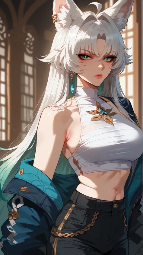 Feixiao style,  perfect eyes,  perfectly sexy face, ultra detailed,  ultra perfect eyes,  big beautiful woman , Body, standing,  animal ears,  long hair, rabo de cavalo,  multicolored hair ,  white hair, mark on the head,  ear piercing, black shorts,  look...