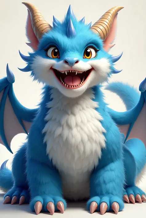 urry art, feral, furred dragon face smiling,looking at the viewer, female, portrait, mouth open, ,white and blue fur, thicc, wings, horns, tail, chest fluff, paws, fangs, ton back, happy, extra fluffy, extra fluffy, mouth open,quadruped, smiling,looking at...