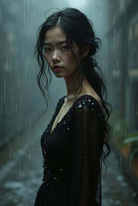 A beautiful girl in black dress standing in rain