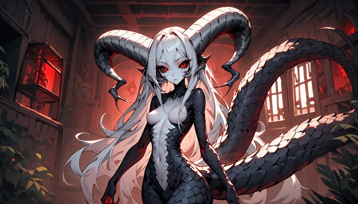 alien outwardly resembling a slim woman with long silver hair and big, red eyes with black sclera. Her antennae seem like large, prehensile, fleshy horns, long strong tail covered in scales, Looking at viewer, cottage indoors, tail:1.3, thick tall, adult