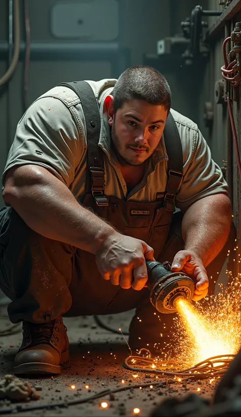 A fat physical electrician cutting wires and setting things on fire. The face must be identical to the reference image.