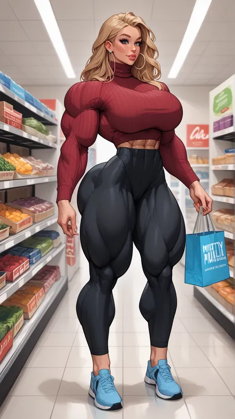 (((Fullbody view))), wearing turtleneck sweater, long sleeve, yoga pants, hypermuscular Jennifer Lopez, huge deltoids, bulging musculature of female bodybuilder, very large round breasts, gravity-defying breasts, steel-hard hypermuscular body, great muscle...