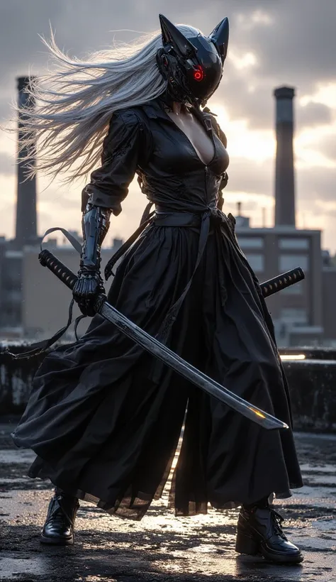 woman with retro futuristic helmet shaped like a completely black cat, With long white hair turned to one side because of the wind, He has a black leather suit, that reveals part of his torso and legs, black borcego shoes,  in his hand he has a sword , cle...