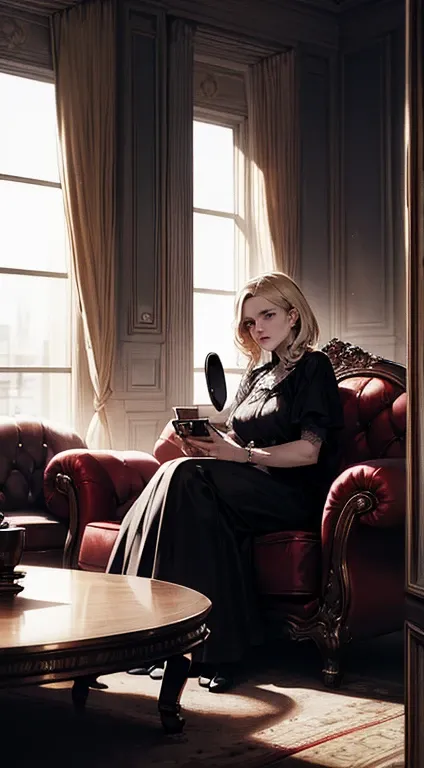  portrait of a 48-year-old blond French woman from 1940, period dress, Genuine Leather, Sitting taking a selfie like a smartphone, (living room with period furniture , soft and moody light: 1.2)