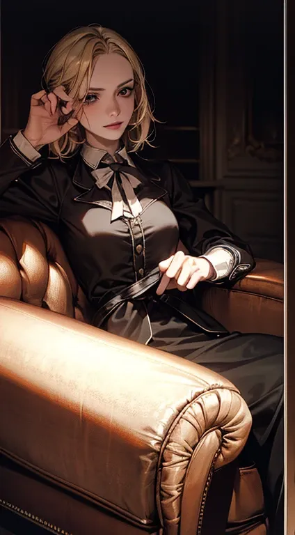  portrait of a 48-year-old blond French woman from 1940, period dress, Genuine Leather, Sitting taking a selfie like a smartphone, (living room with period furniture , soft and moody light: 1.2)