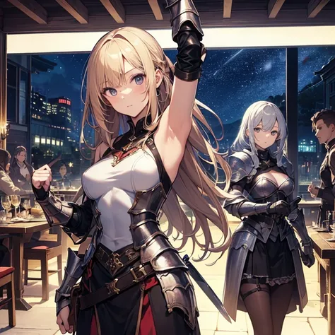 A group of young female knight, (in tavern), various hair styles, harem, wearing armored clothes, metal armor, night, details face, , short skirt, seducing, sword, sleeveless , night, starry night, armpits 